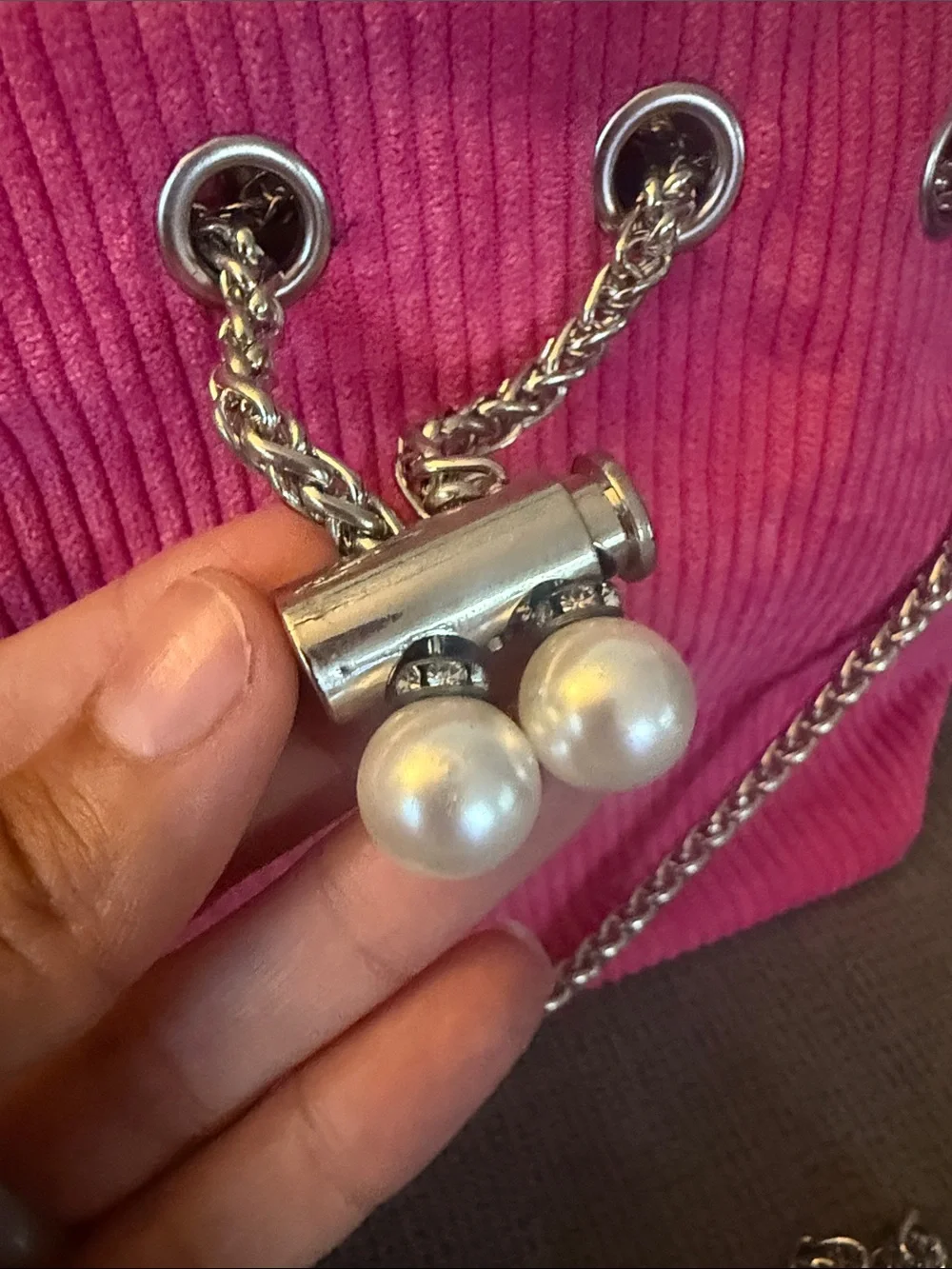 SHEIN Hot Pink Corduroy Chain Shoulder Bag with Pearl Charm